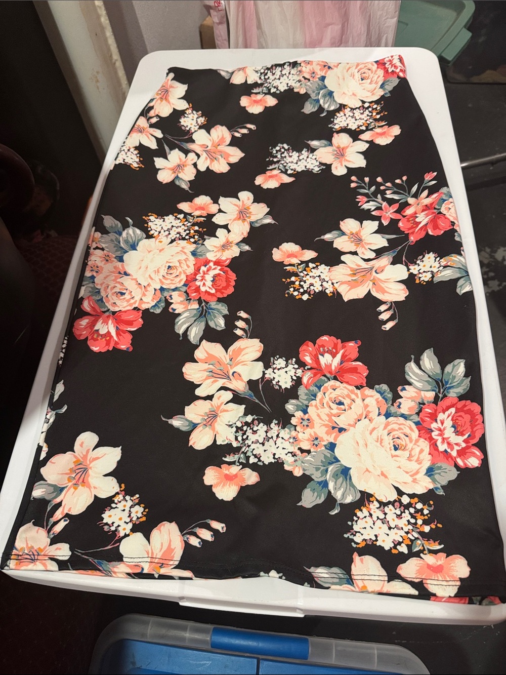 Floral Pencil Skirt with Matching Top in Black with Coral and Cream Blooms